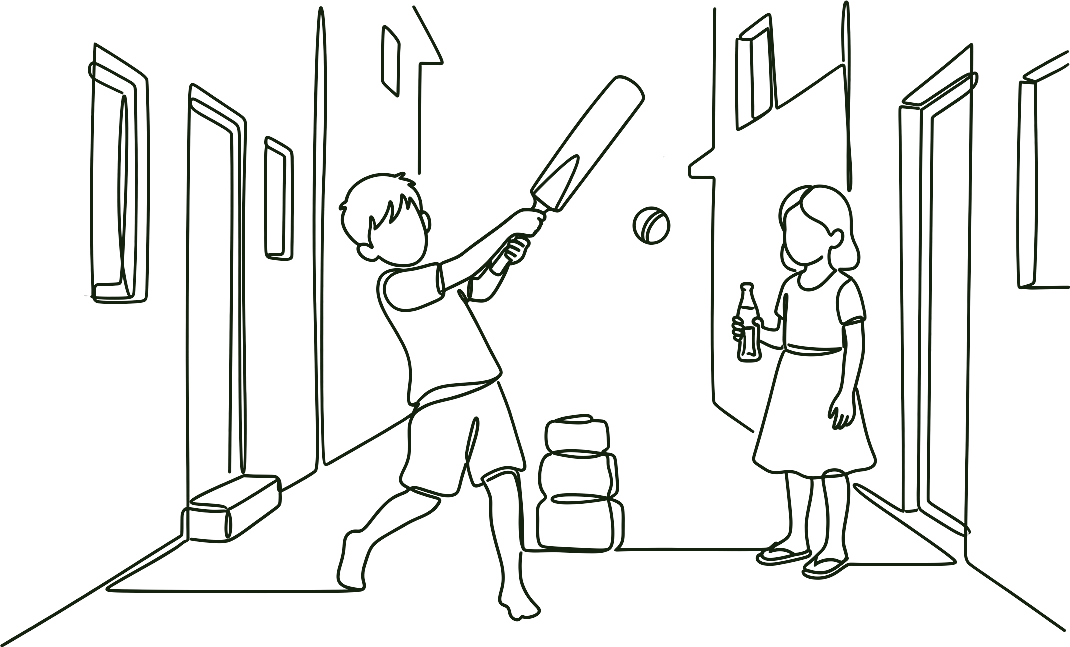 Line drawing of children playing gully cricket, one holding a bottle